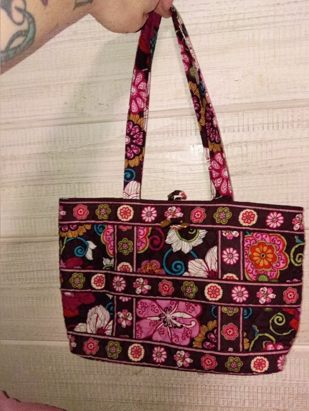 Vera Bradley Quilted Floral Patchwork Tote — Pink, Brown & Teal
